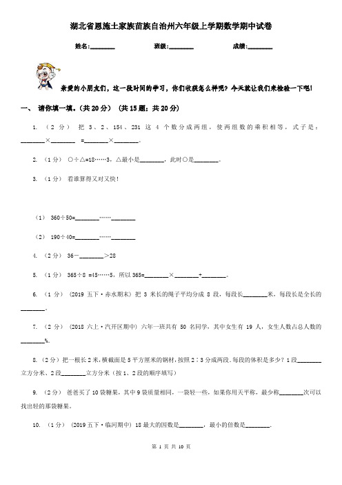 湖北省恩施土家族苗族自治州六年级上学期数学期中试卷