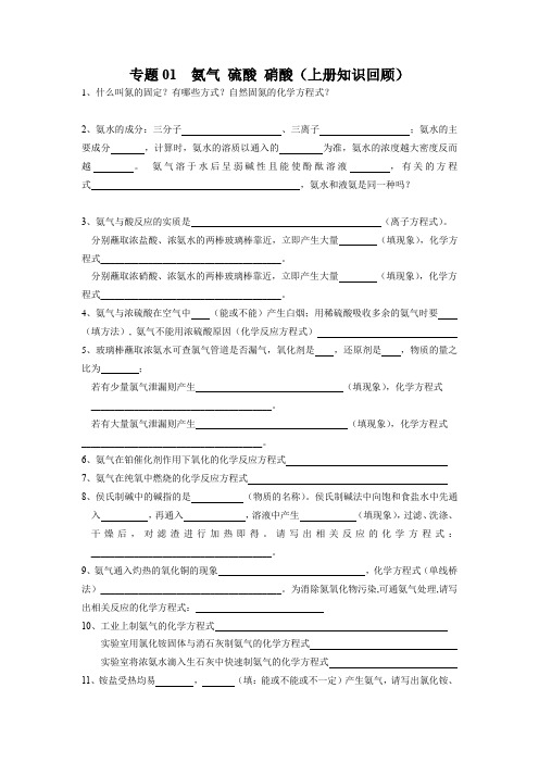 专题01  氨气 硫酸 硝酸(上册知识回顾)-高一化学下学期期末复习考前必备知识清单(人教版)