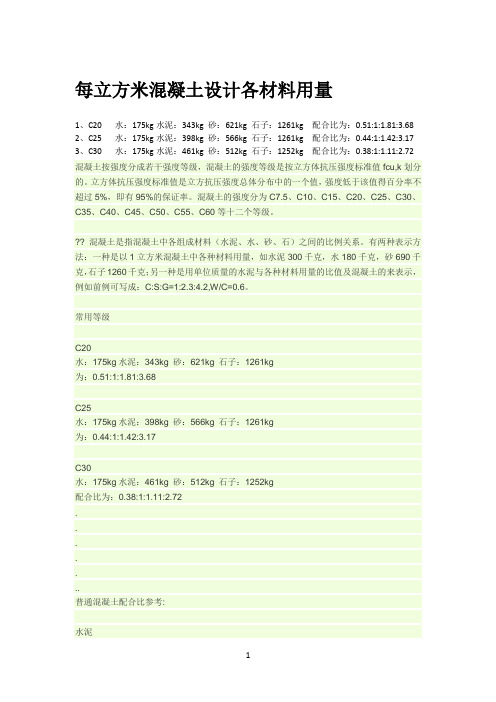 每立方米混凝土各材料用量