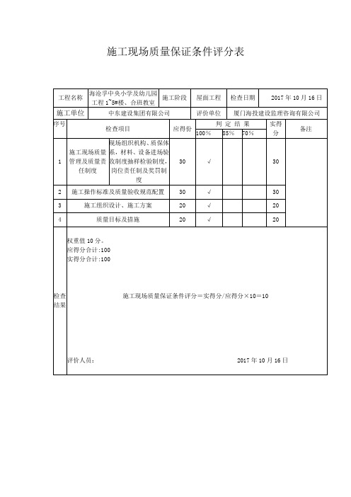 监理单位屋面工程性能检测评分表