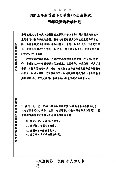 PEP五年级英语下册教案(全册表格式).pptx