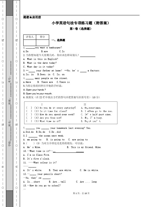 小学英语句法专项练习题(附答案)