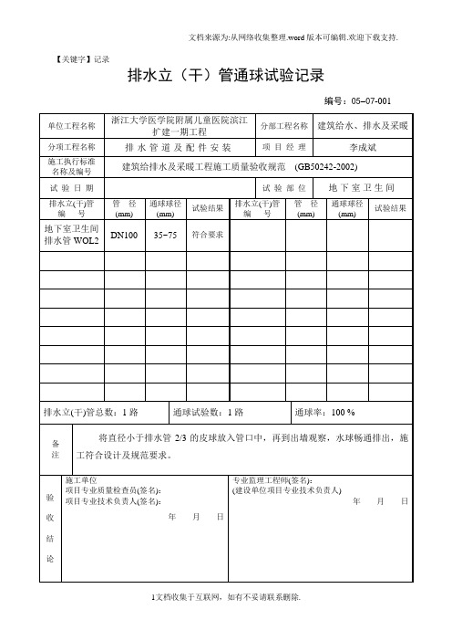 【记录】排水管通球试验记录