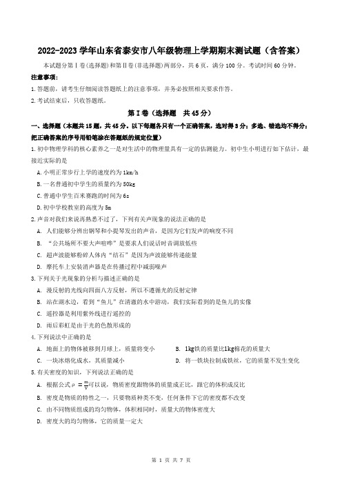 2022-2023学年山东省泰安市八年级物理上学期期末测试题(含答案)