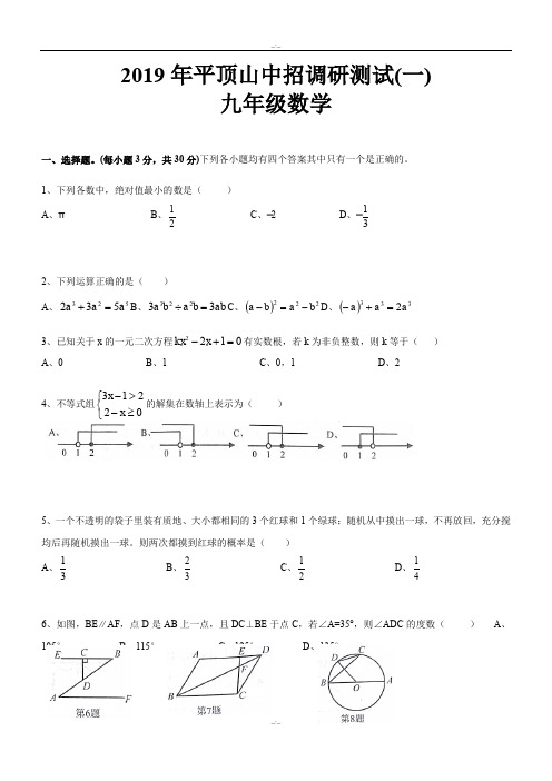 最新河南省平顶山市2019年最新中招调研数学试卷及答案(精校版)