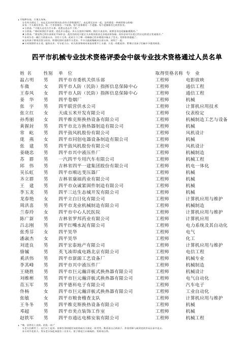 四平市机械专业技术资格评委会中级专业技术资格通过人员名单