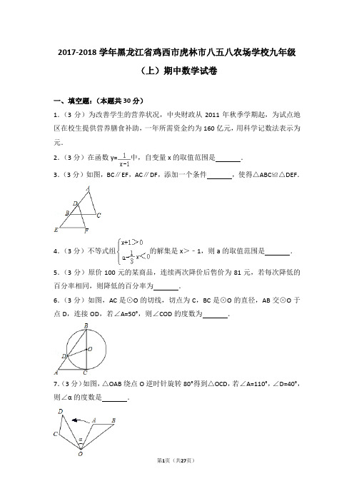 2017-2018年黑龙江省鸡西市虎林市八五八农场学校九年级(上)期中数学试卷和答案