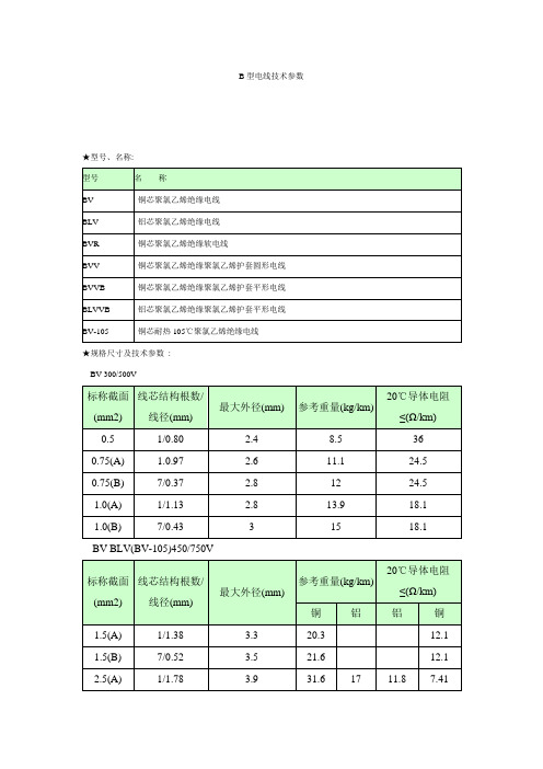 B型电线技术参数