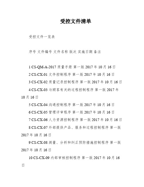 受控文件清单