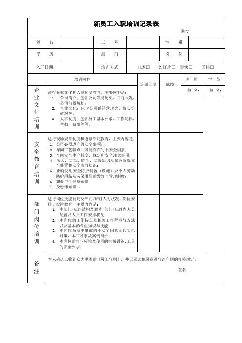 新员工入职培训记录表2