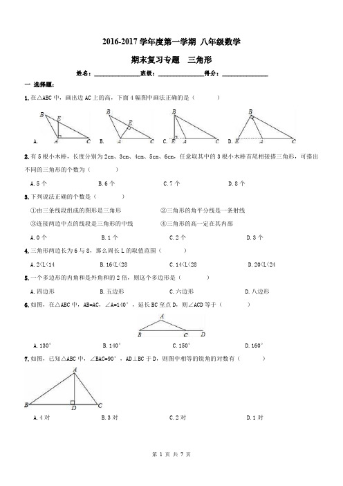 【名师点睛】天津市和平区2016-2017年八年级数学上册期末复习专题--三角形及答案(PDF版)