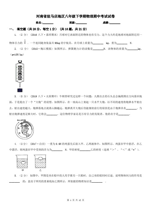 河南省驻马店地区八年级下学期物理期中考试试卷