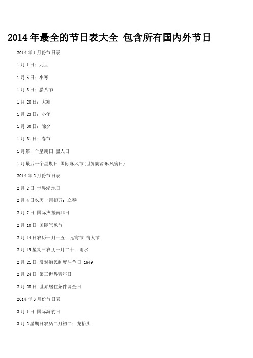 2014年最全的节日表大全 包含所有国内外节日