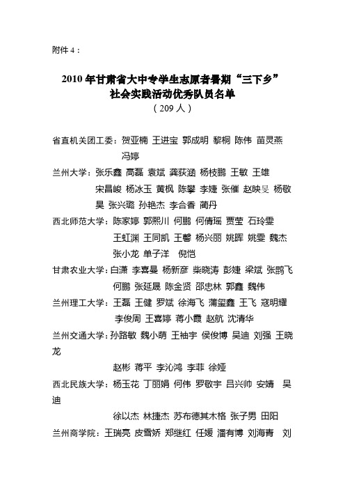 2010年甘肃省大中专学生志愿者暑期“三下乡”社会实践活动优秀队员名单