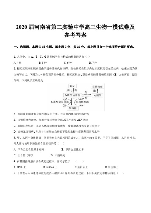 2020届河南省第二实验中学高三生物一模试卷及参考答案