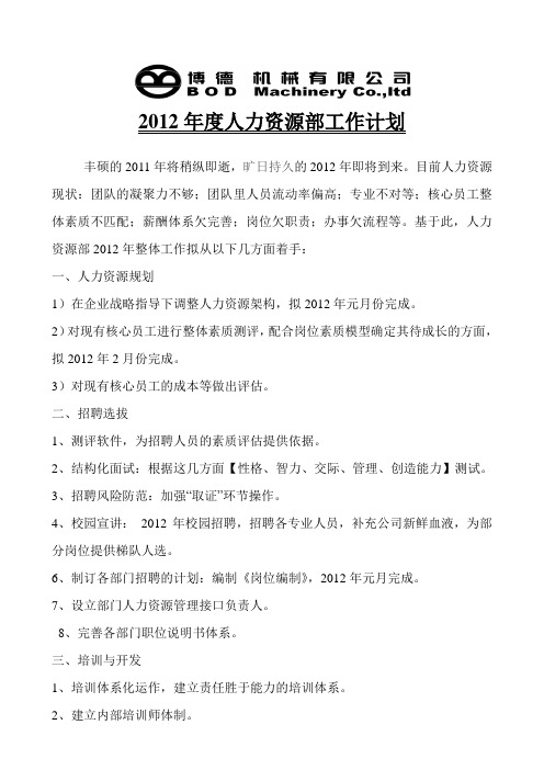 2012年度人力资源部工作计划