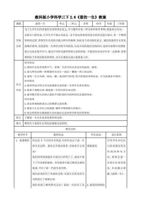 教科版三年级下册科学 蚕的一生(教案)