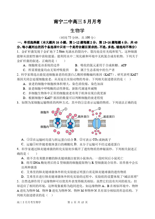 广西南宁第二中学2023-2024学年高三下学期5月月考生物试题(含答案解析)