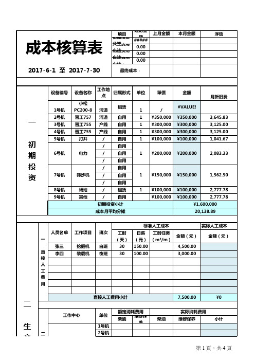 成本核算格式excel模版