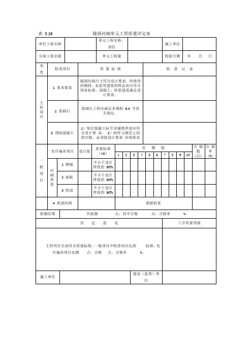 表 3.16                  隧洞衬砌单元工程质量评定表