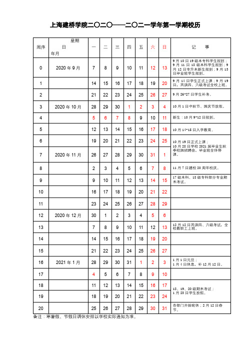 上海建桥学院二○二○——二○二一学年第一学期校历【模板】