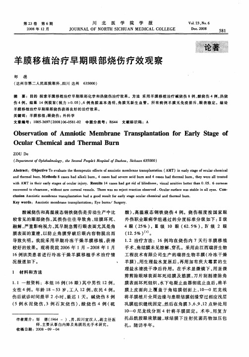 羊膜移植治疗早期眼部烧伤疗效观察