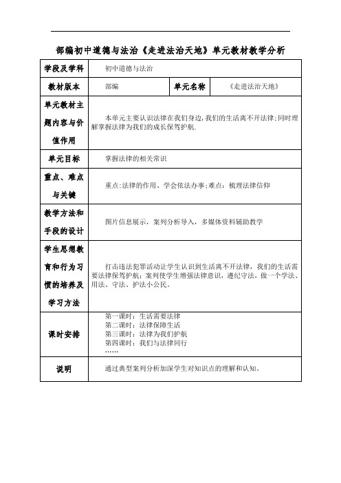 部编初中道德与法治《走进法治天地》单元教材教学分析