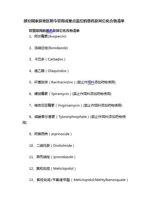 部分国家及地区明令禁用或重点监控的兽药及其它化合物清单