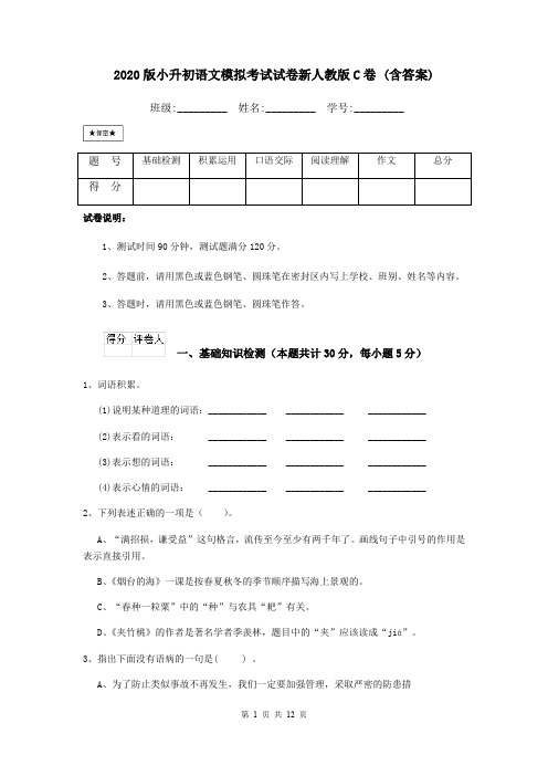 2020版小升初语文模拟考试试卷新人教版C卷 (含答案)