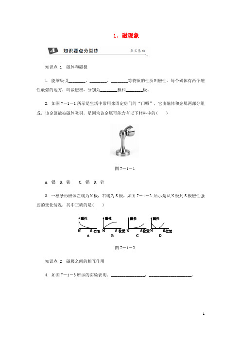 人教版2020九年级物理上册第七章1磁现象练习(新版)教科版