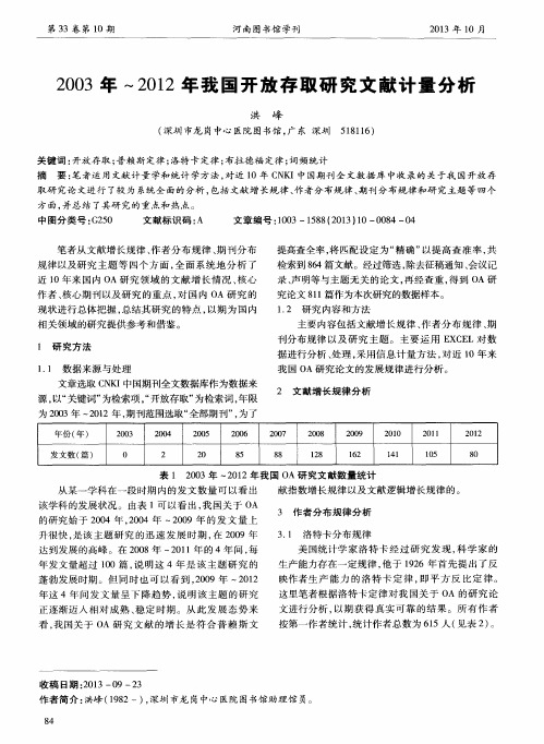 2003年～2012年我国开放存取研究文献计量分析