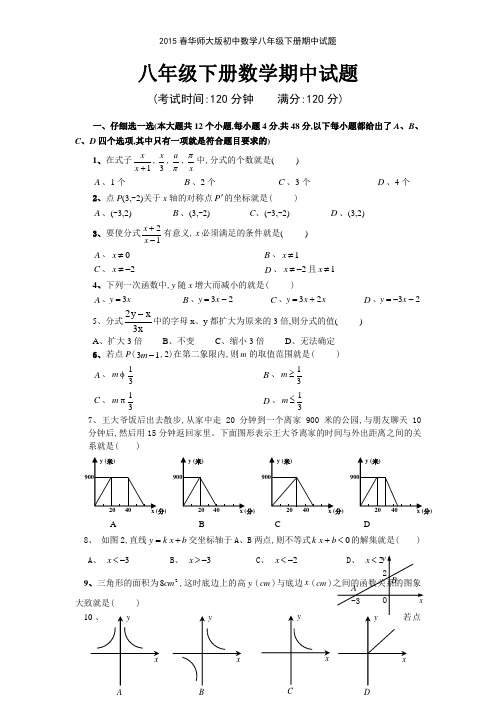 2015春华师大版初中数学八年级下册期中试题