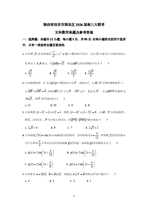 陕西省西安市阎良区2024届高三大联考文科数学试题及参考答案