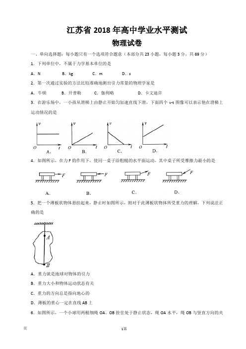 江苏省2018年高中学业水平测试物理试卷