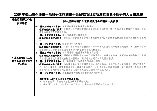 2009年佛山市企业博士后科研工作站博士后研究项目立项及招收博士后研究人员信息表【模板】