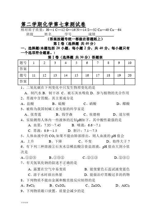 沪教版化学九年级下册第二学期第七章测试卷.docx