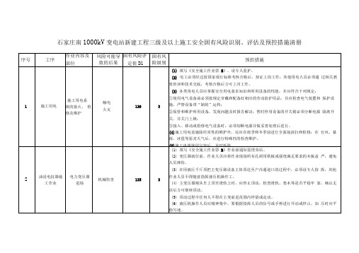 三级及以上施工安全固有风险识别、评估和预控清册