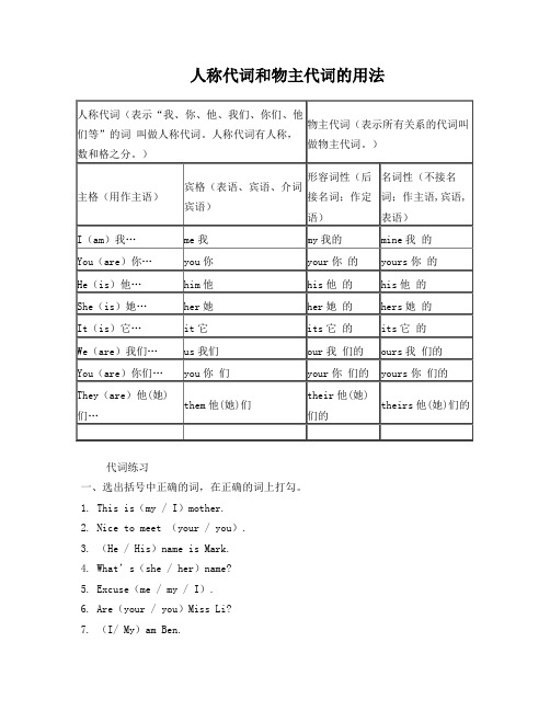 小学英语人称代词及物主代词语法练习