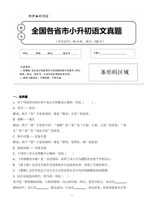 【小升初】2020年云南省昭通市小升初语文毕业会考试题含答案(全网唯一)