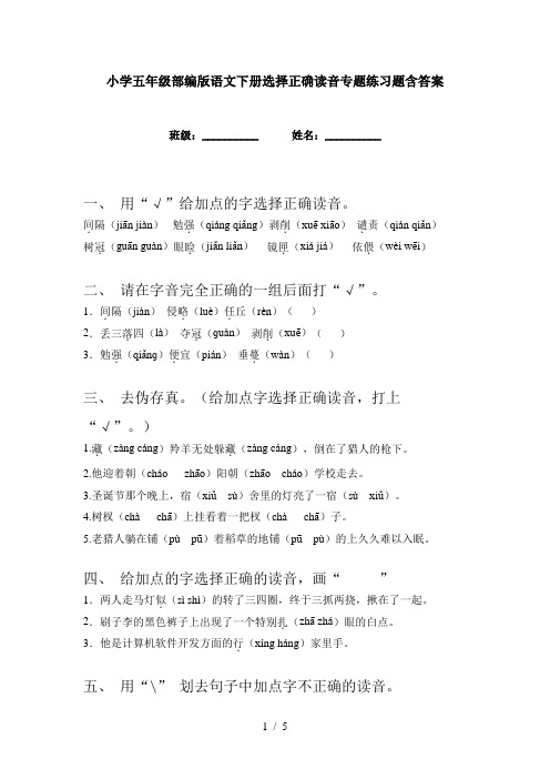 小学五年级部编版语文下册选择正确读音专题练习题含答案