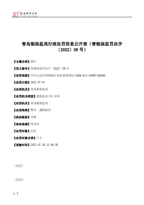 青岛银保监局行政处罚信息公开表（青银保监罚决字〔2022〕59号）