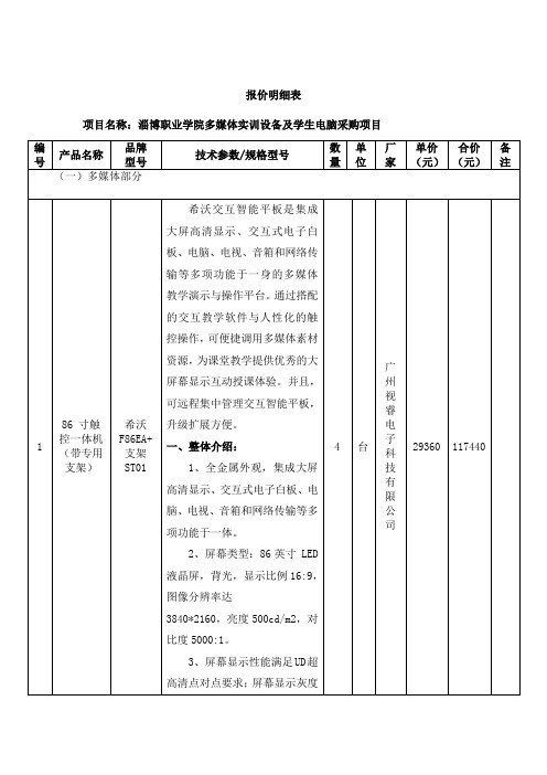 淄博职业学院多媒体实训设备及学生电脑采购项目报价明细表.doc