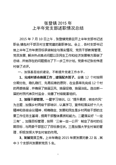张登镇2015年上半年党支部述职情况总结