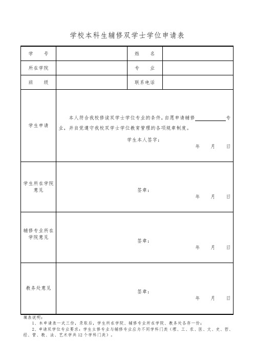 学校本科生辅修双学士学位申请表范本