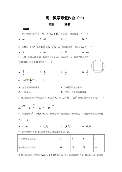 高中数学寒假作业及详细解答