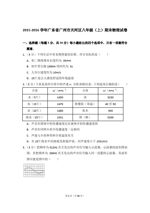 2015-2016年广东省广州市天河区八年级(上)物理期末试卷和答案