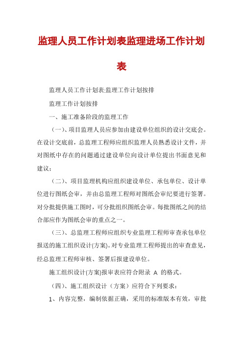 监理人员工作计划表监理进场工作计划表