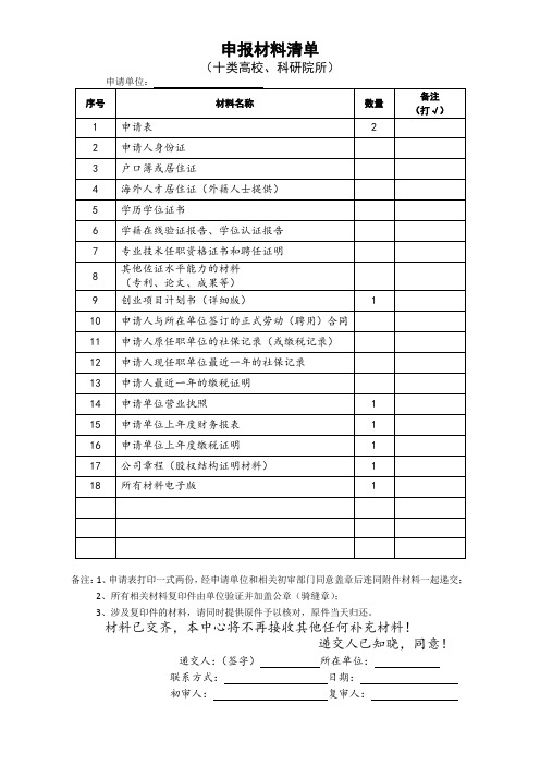 申报材料清单