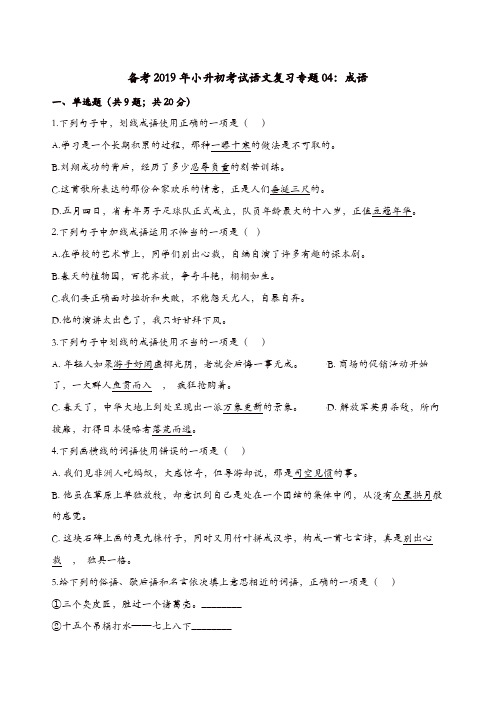 六年级下册语文试题-备考2019年小升初考试语文复习专题04：成语 通用版(含解析)