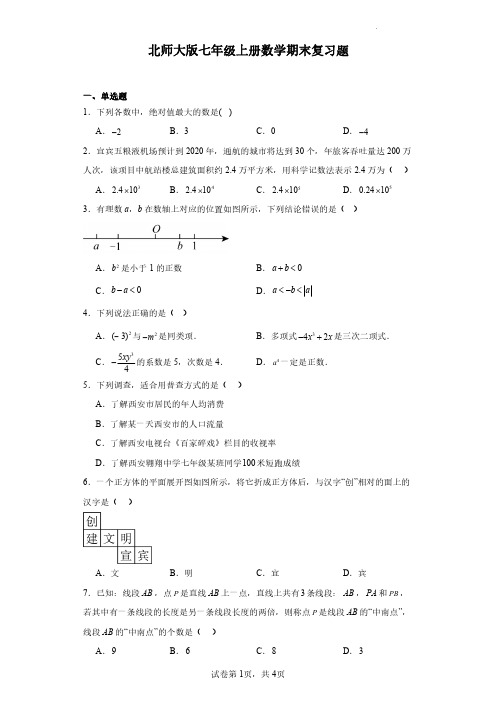 2023—2024学年北师大版数学七年级上册期末复习题含参考答案